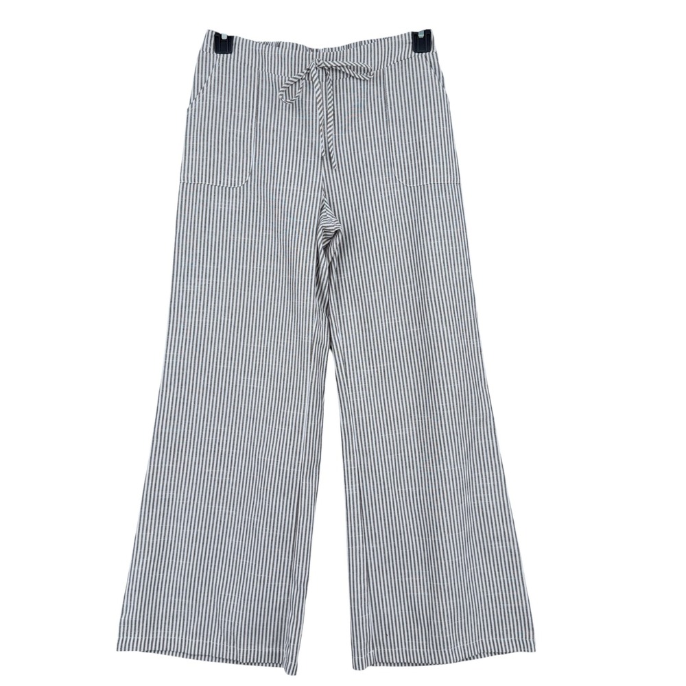 Striped Wide Leg Pull On Pants Women Relaxed Fit Gray White Drawstring